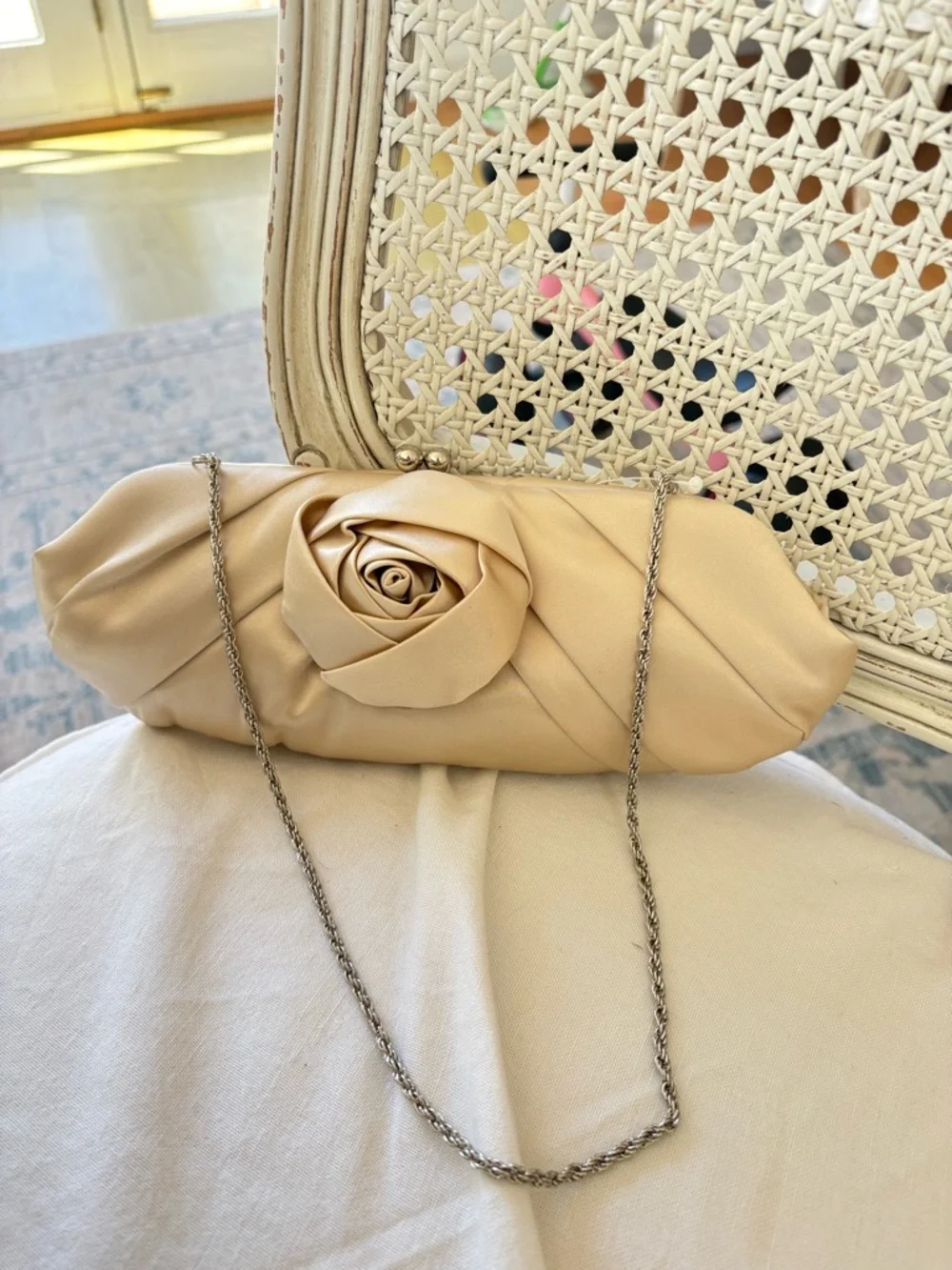 Satin Rose Accent Clutch in Beige with Chain Strap